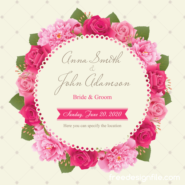 Wedding card with peony and pink roses vectors 06