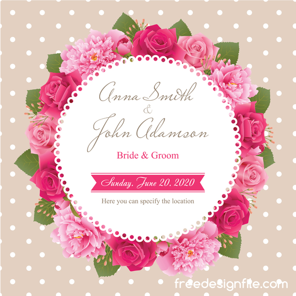 Wedding card with peony and pink roses vectors 07