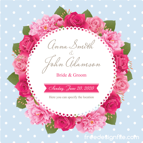 Wedding card with peony and pink roses vectors 08