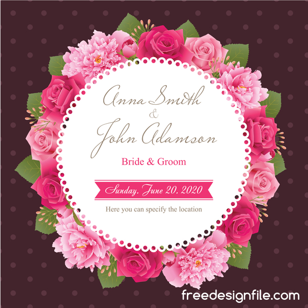 Wedding card with peony and pink roses vectors 09