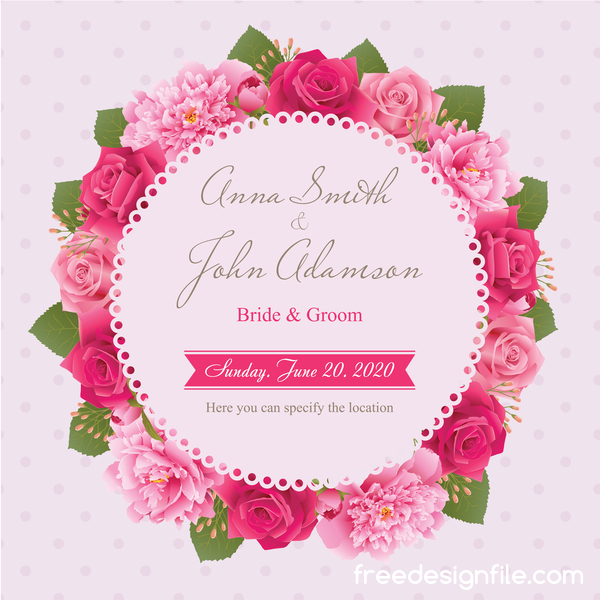 Wedding card with peony and pink roses vectors 11