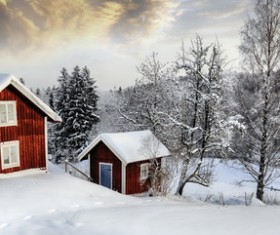 Winter forests and snow-covered houses Stock Photo