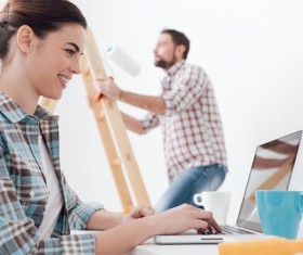 Working husband and wife of the internet Stock Photo