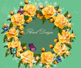 Yellow rose wreath with butterflies vector