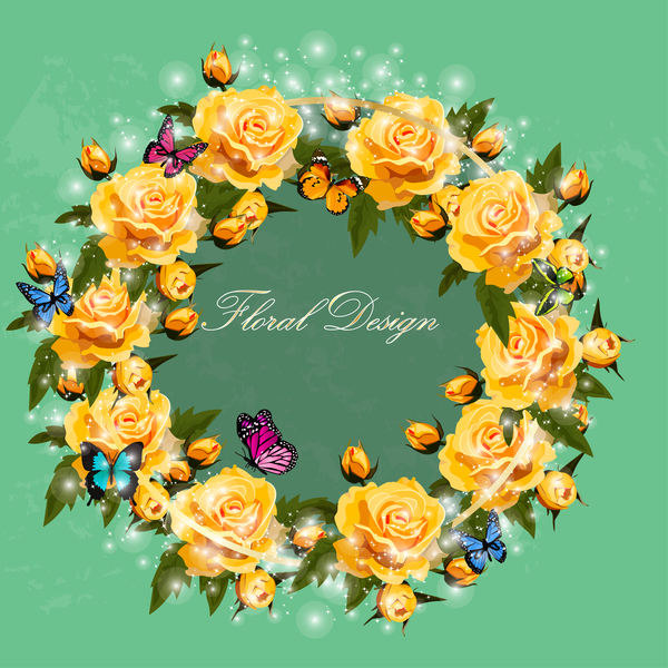 Yellow rose wreath with butterflies vector
