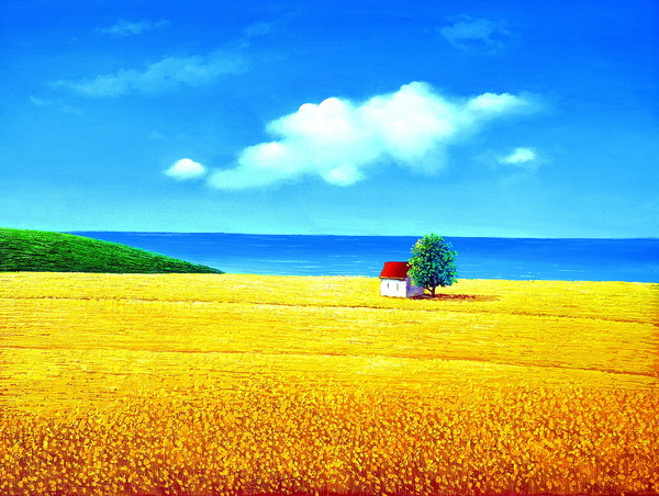 Yellow wheat field landscape painting Stock Photo