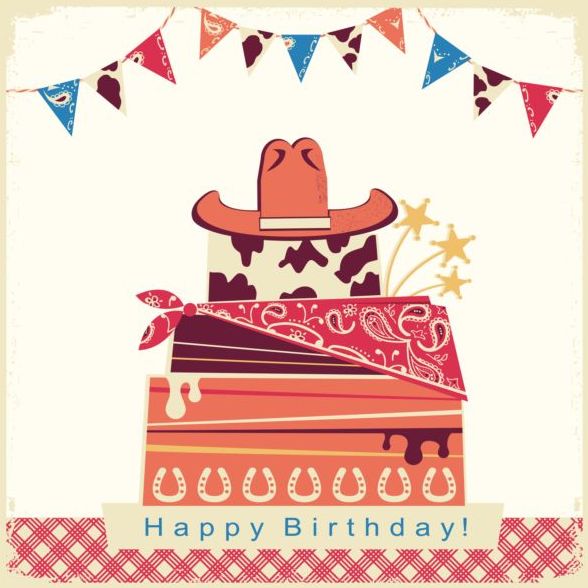 cowboy birthday party card with cake and hat vector