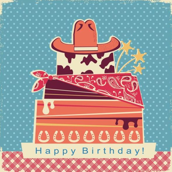 cowboy party color card with cake and hat vector
