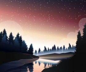 river in pine wood at dusk vector