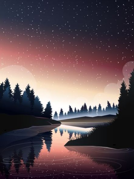river in pine wood at dusk vector