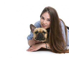 woman embrace French Bulldog Stock Photo