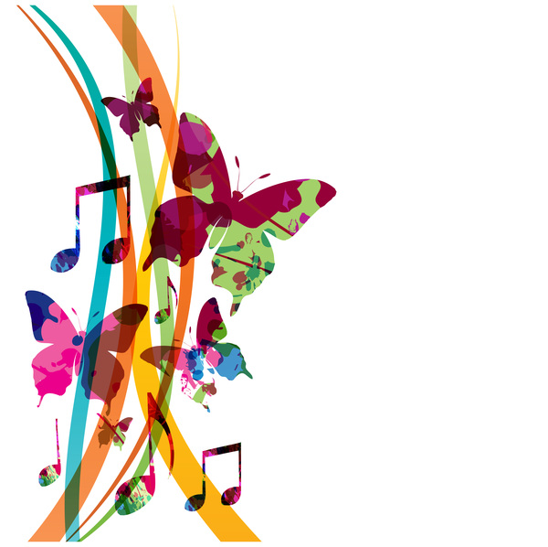 Abstract music background with colored butterflies vector 03