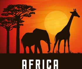 Africa elephants and giraffes with sunset landscape vector