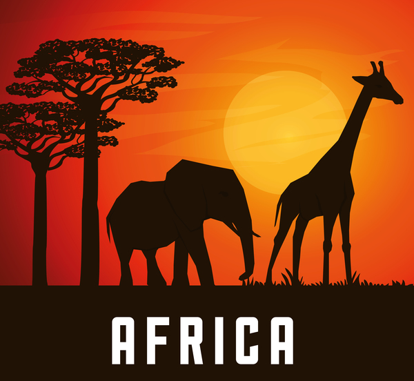 Africa elephants and giraffes with sunset landscape vector