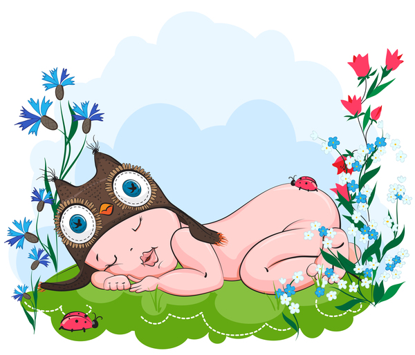Baby sleeps sweetly in the hat owls on grass vector