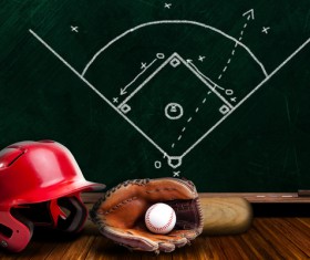 Baseball equipment and blackboard game plan Stock Photo