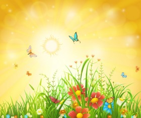 Beautiful flower with butterflies and spring background vector 03