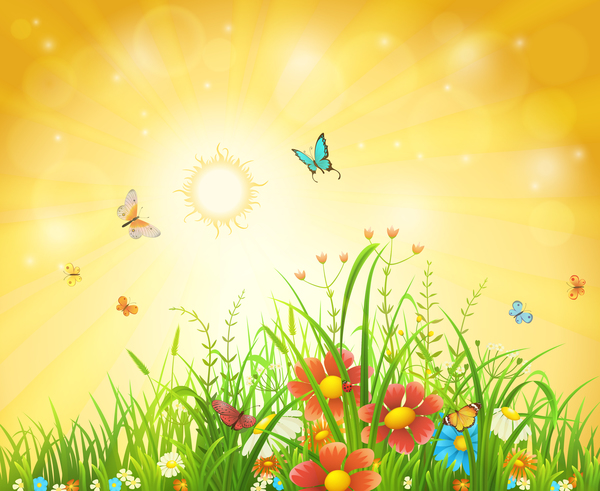 Beautiful flower with butterflies and spring background vector 03