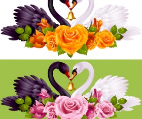Black white swans with rose background vector 02