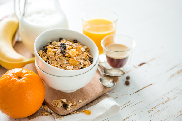 Breakfast cereals and fruit Stock Photo