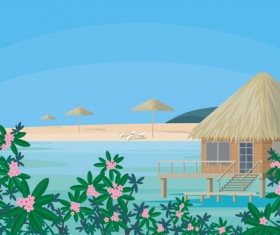 Bungalows with tropical flower background vector