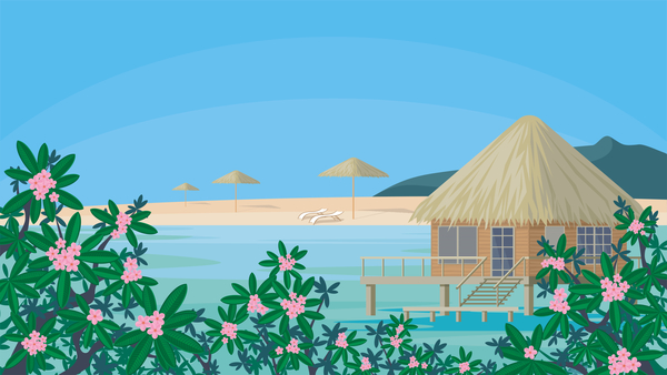 Bungalows with tropical flower background vector