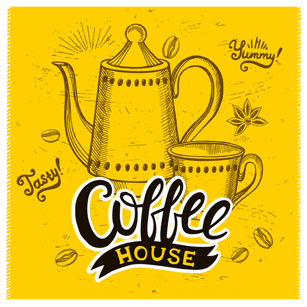 Coffee poster template yellow styles vector 01