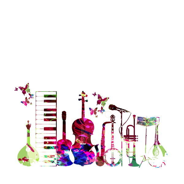 Colorful musical instruments with butterflies vector 01