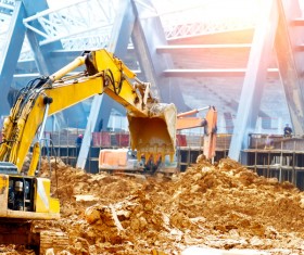 Construction site busy excavator Stock Photo