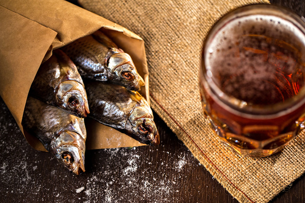 Delicious grilled fish with beer Stock Photo