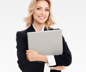 Embrace folder young business woman Stock Photo
