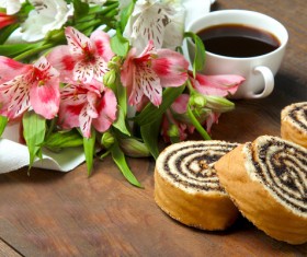 Espresso bean bread and flowers Stock Photo