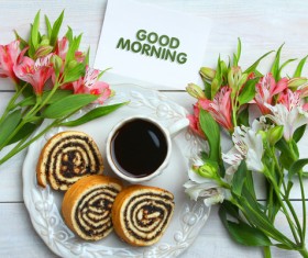 Flowers and coffee bread tray Stock Photo