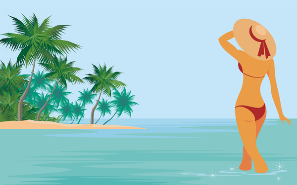 Girl with summer vacation background vector 01