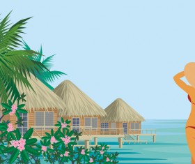 Girl with summer vacation background vector 02