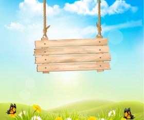 Green green grass background with wooden sign vector