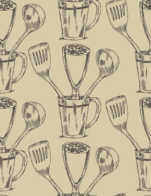 Hand drawn kitchen utensils seamless pattern vector 02