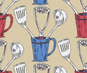Hand drawn kitchen utensils seamless pattern vector 04