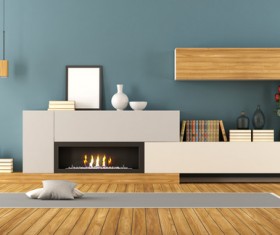 Indoor fireplace and bookshelf Stock Photo