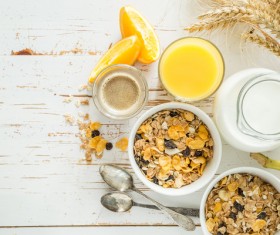 Instant cereal with orange juice and milk Stock Photo