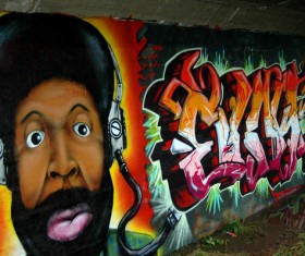 Interior wall sprayed with graffiti painting Stock Photo