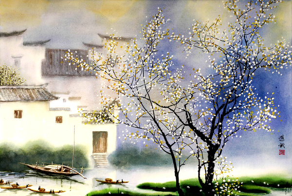 Jiangnan spring watercolor painting HD picture