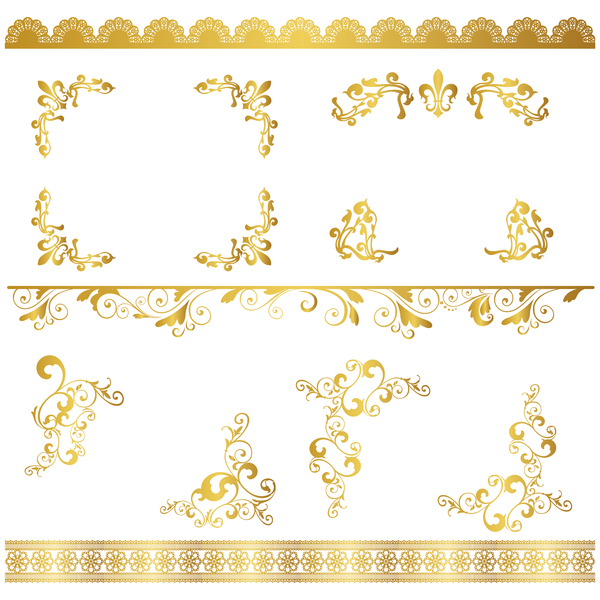 Lace border with golden ornaments vectors set
