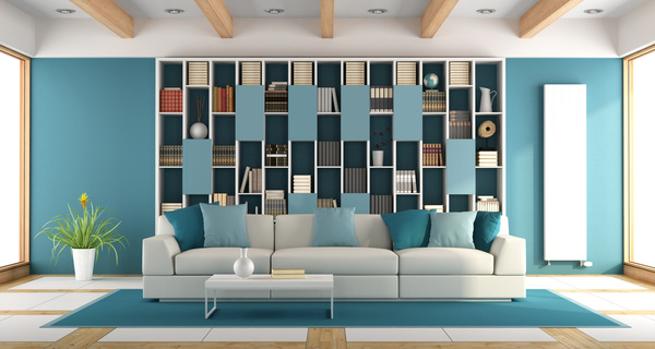 Living room sofa and bookshelves Stock Photo