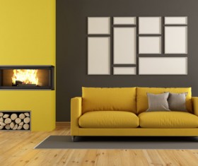 Living room with yellow sofa and fireplace Stock Photo