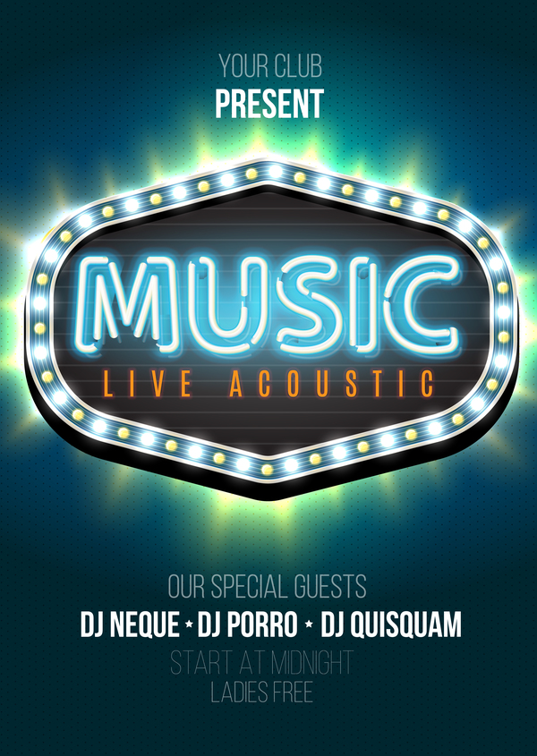 Music party flyer with neon sign vector 02