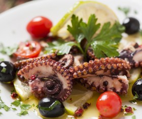 Olive tomato with delicious squid Stock Photo
