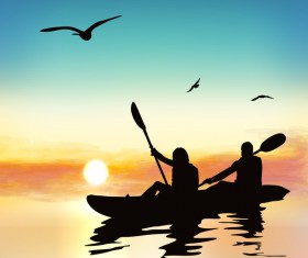 People adventure silhouette with sunrise background vector 01