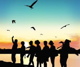 People adventure silhouette with sunrise background vector 02