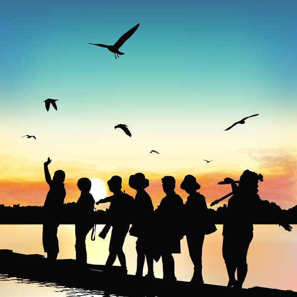 People adventure silhouette with sunrise background vector 02